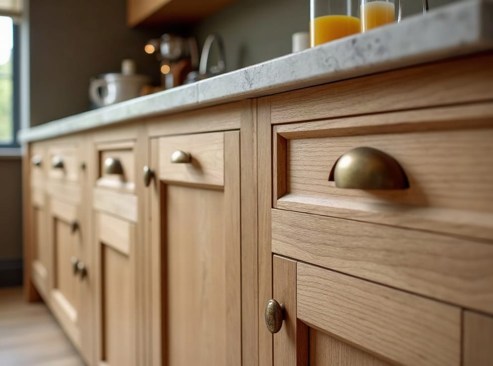 Close-up of bespoke oak kitchen cabinetry with a brass handle