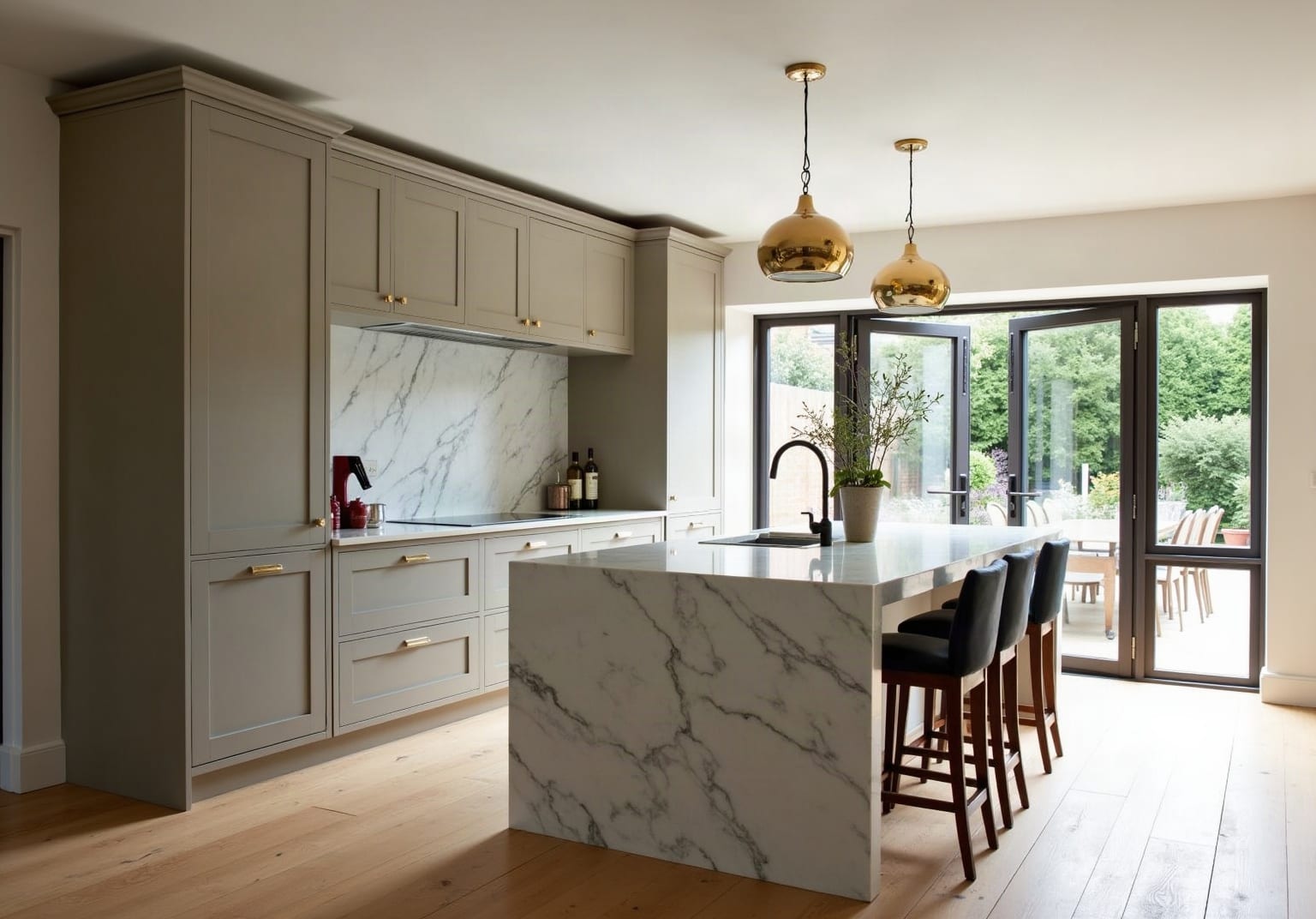 Sage green fitted kitchen with brass pendant lights