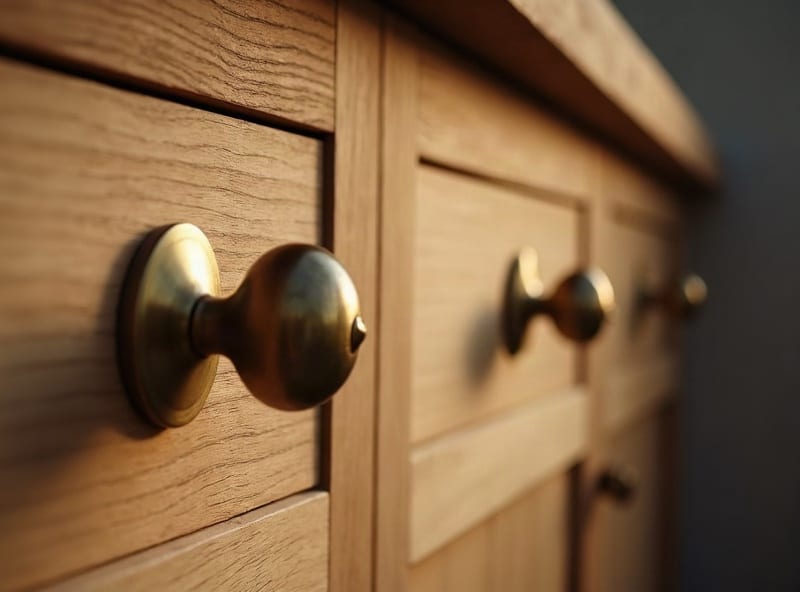 Detail of bespoke oak joinery with brass hardware