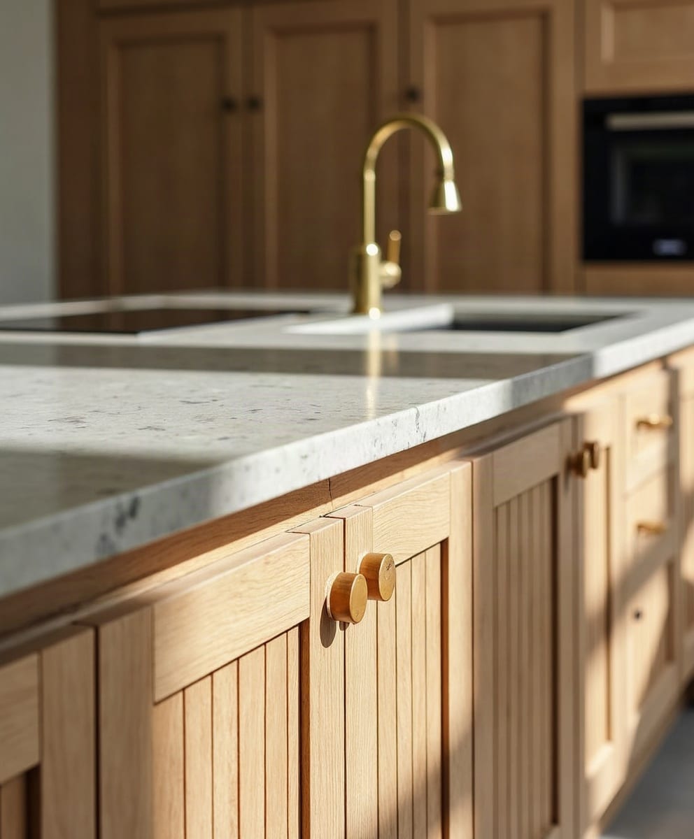 Close-up of oak kitchen cabinetry with a brass tap