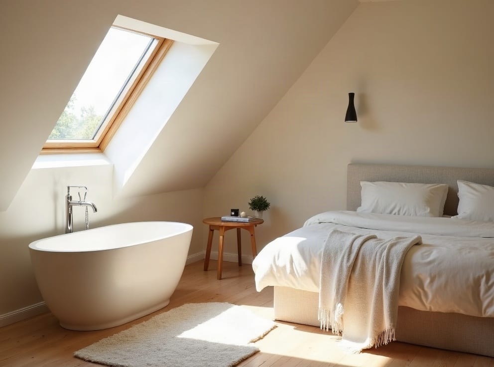 Loft bedroom suite with a freestanding bath beneath the roof windows