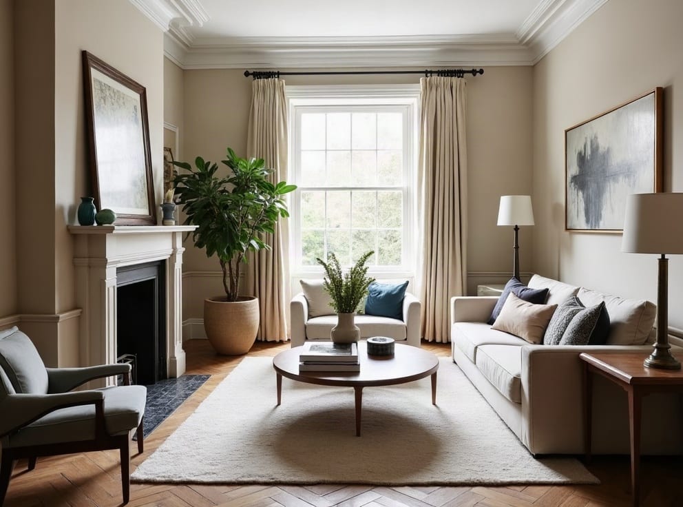 Period townhouse living room with herringbone floor