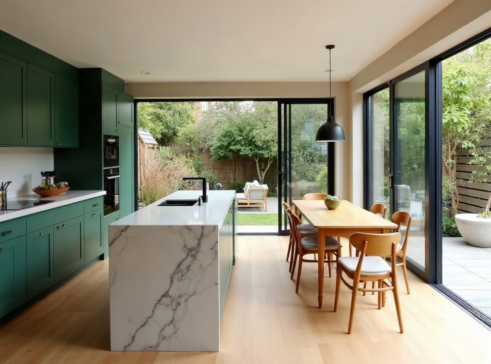 Green kitchen and dining area opening onto the garden