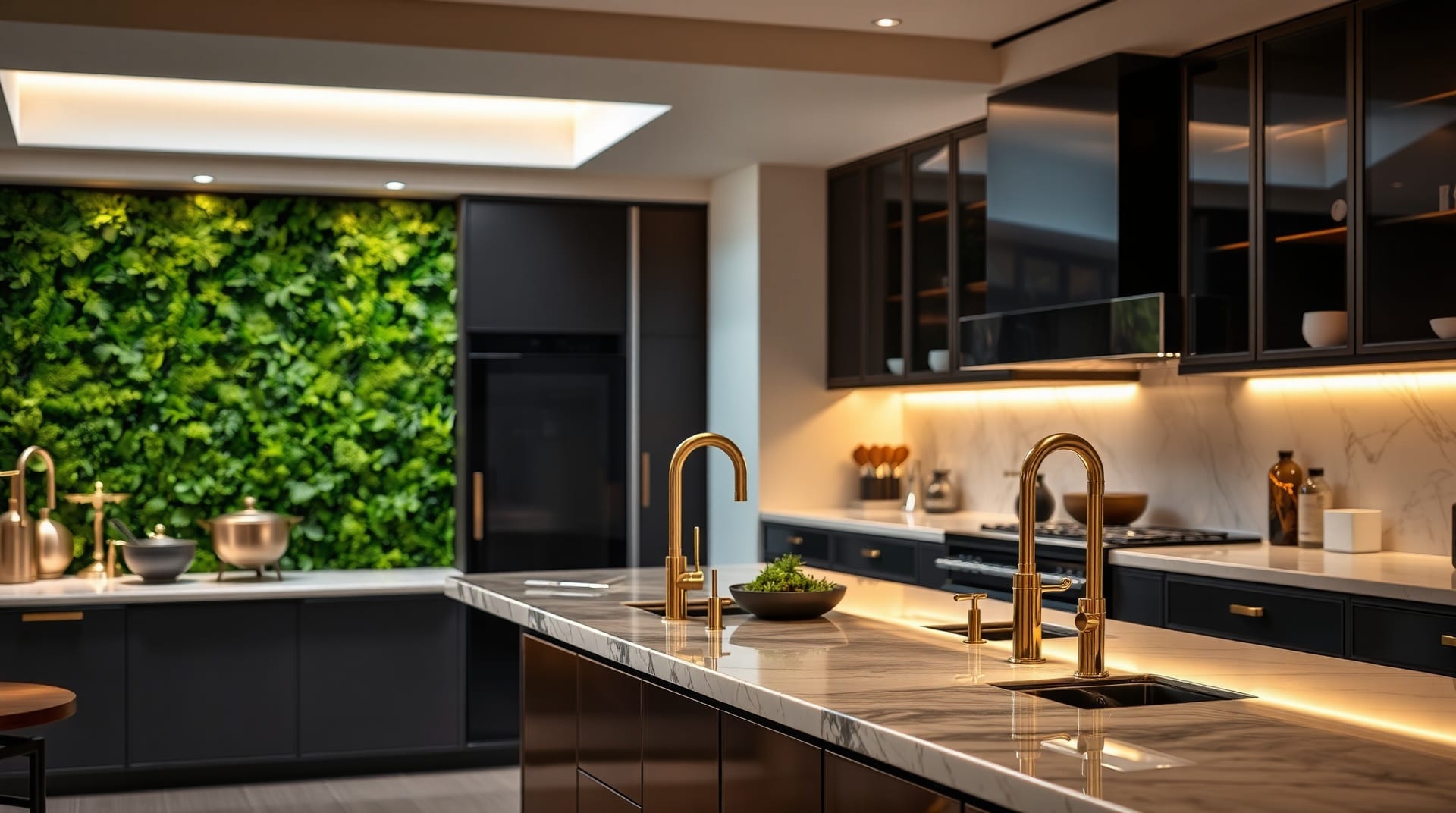 Dark navy fitted kitchen with brass taps and a green feature wall